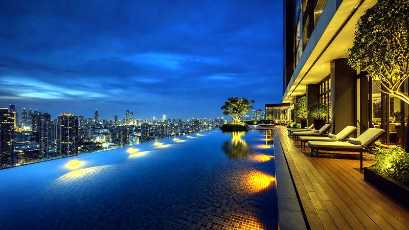 Rooftop pool, dusk
